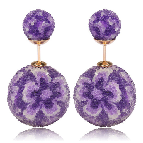 Italian Import Gum Tee Misses Style Tribal Double Bead Earrings - Micro Bead Purple Flower Design