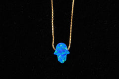 Lucky Blue Opal Hamsa Hand Gold Necklace