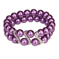 Bracelet Tribal Design Double Row Pearl Purple With Crystal Studs