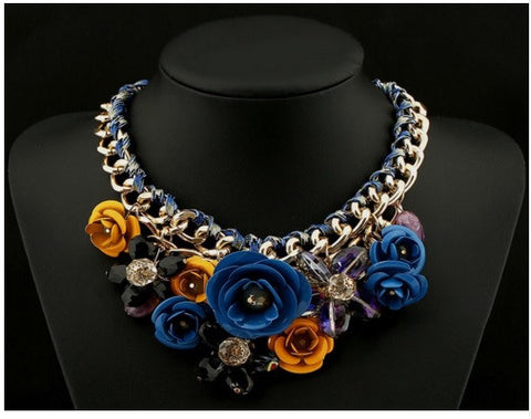 BEADY FLORAL CHOKER NECKLACE - BLUE & YELLOW