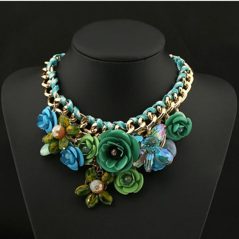 BEADY FLORAL CHOKER NECKLACE - GREEN