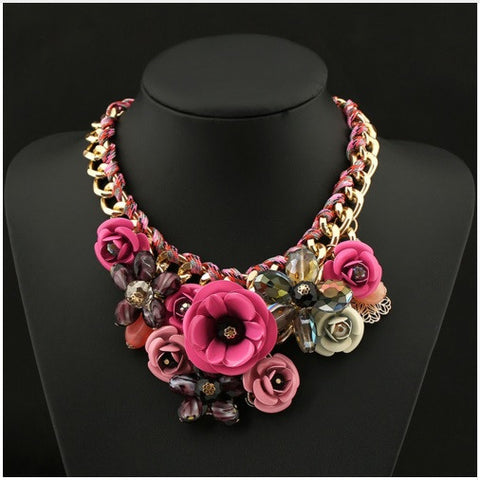 BEADY FLORAL CHOKER NECKLACE - ROSE PINK
