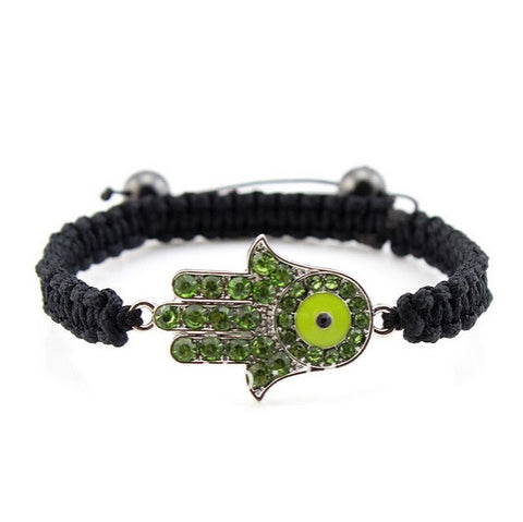 BEADY LUCKY HAMSA BRACELET - BLACK w/ GREEN CRYSTAL HAND