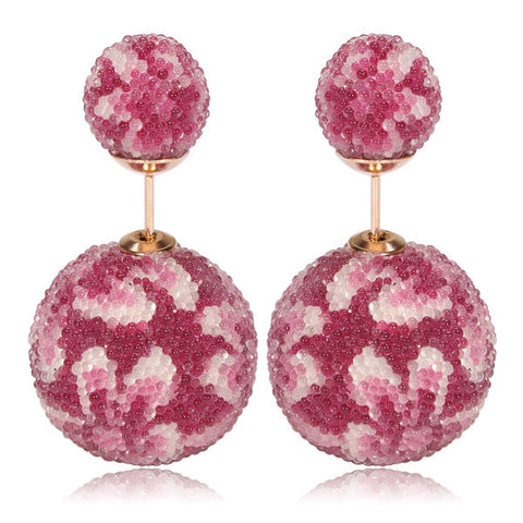 Italian Import Gum Tee Misses Style Tribal Double Bead Earrings - Micro Bead Rose Pink Flower Design