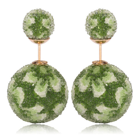 Italian Import Gum Tee Misses Style Tribal Double Bead Earrings - Micro Bead Green Flower Design