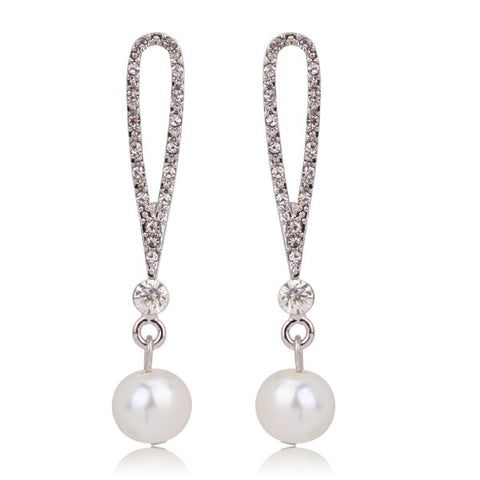 Bridal Dangle Silver Long Drawn Pearl Earrings with Crystal