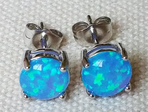 Beady Lucky Blue Opal Silver Earrings - 8 mm