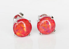Beady Lucky Fire Red Opal Silver Earrings - 8 mm