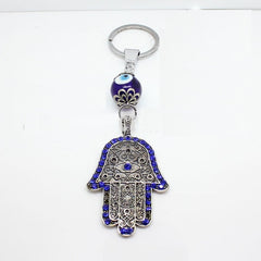 Beady Silver Crystal Blue Hamsa Keychain