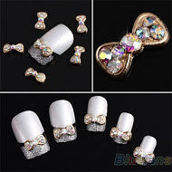 Gold and Crystal 3D Bowtie Nail Decor - 10 Pack
