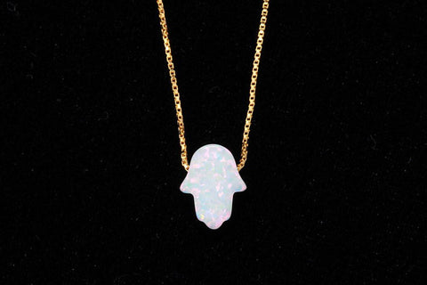 Lucky White Opal Hamsa Hand Gold Necklace