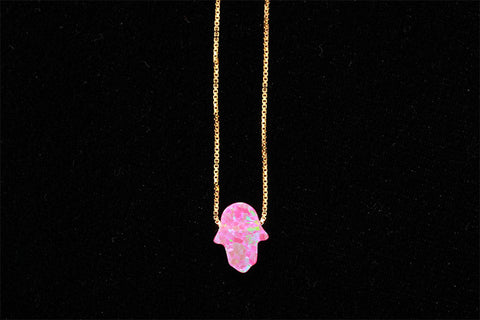 Lucky Pink Opal Hamsa Hand Gold Necklace