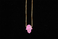 Lucky Pink Opal Hamsa Hand Gold Necklace
